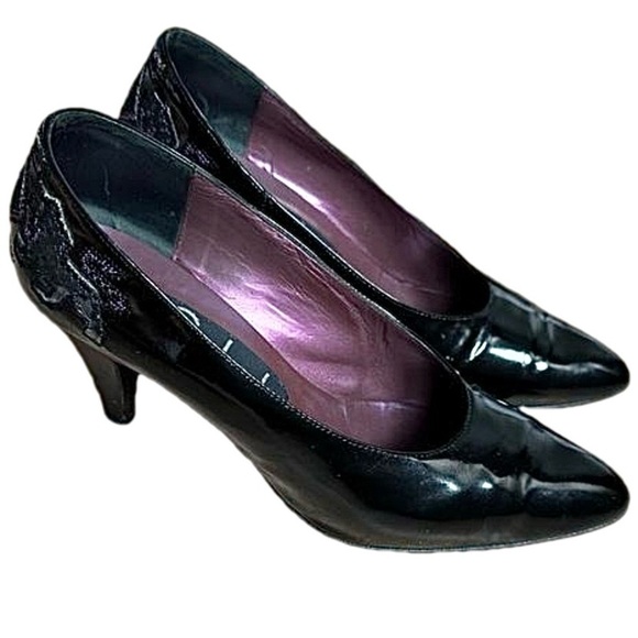 Vintage Faire Lady Black Patent Leather Pumps Aztec Cross Stitch Shoes Size 37 - Picture 1 of 16